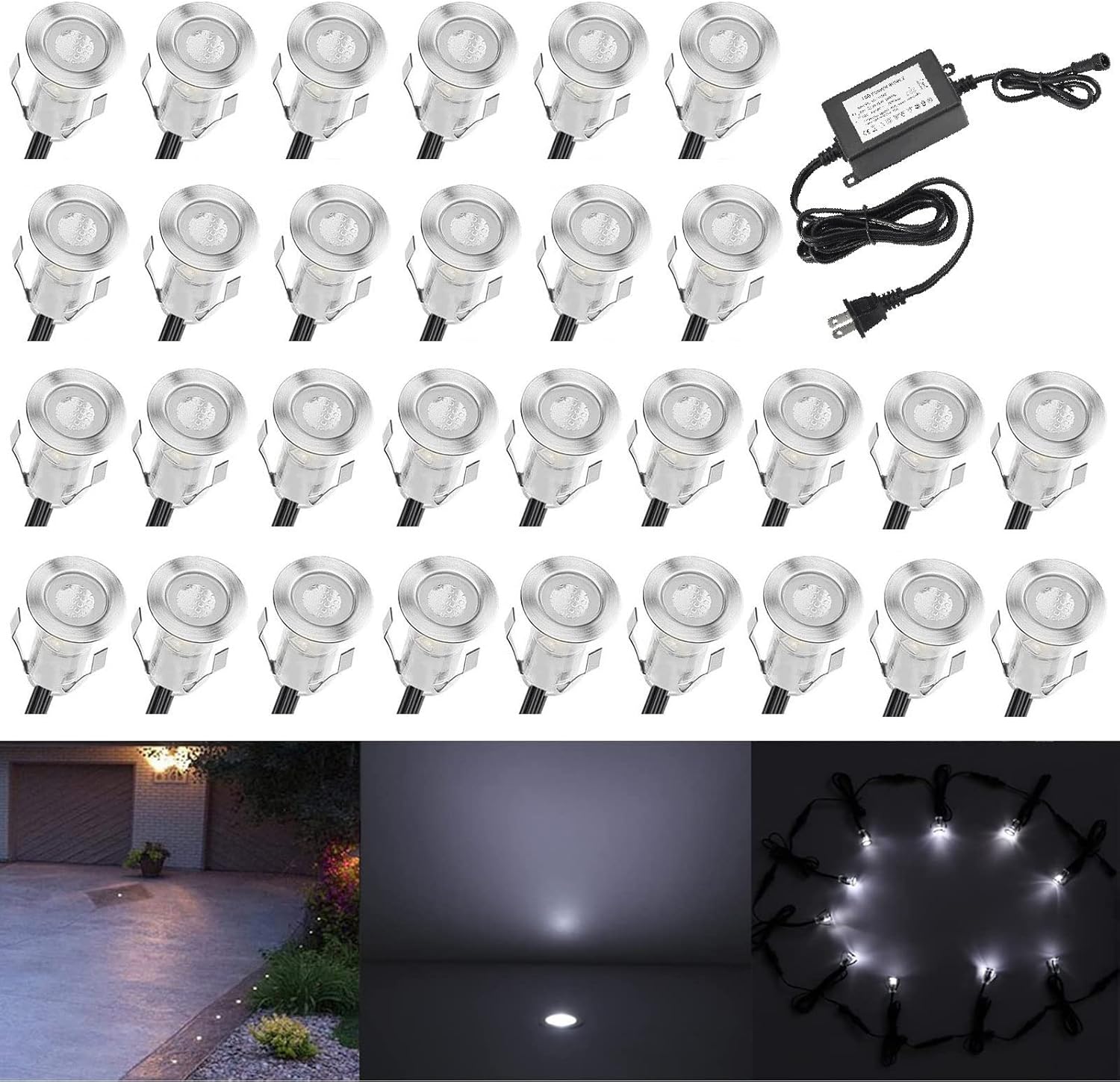 0.7 Warm White LED Deck Light Kit, Stainless Steel Waterproof Recessed Outdoor Lighting, Pack of 30 C70312