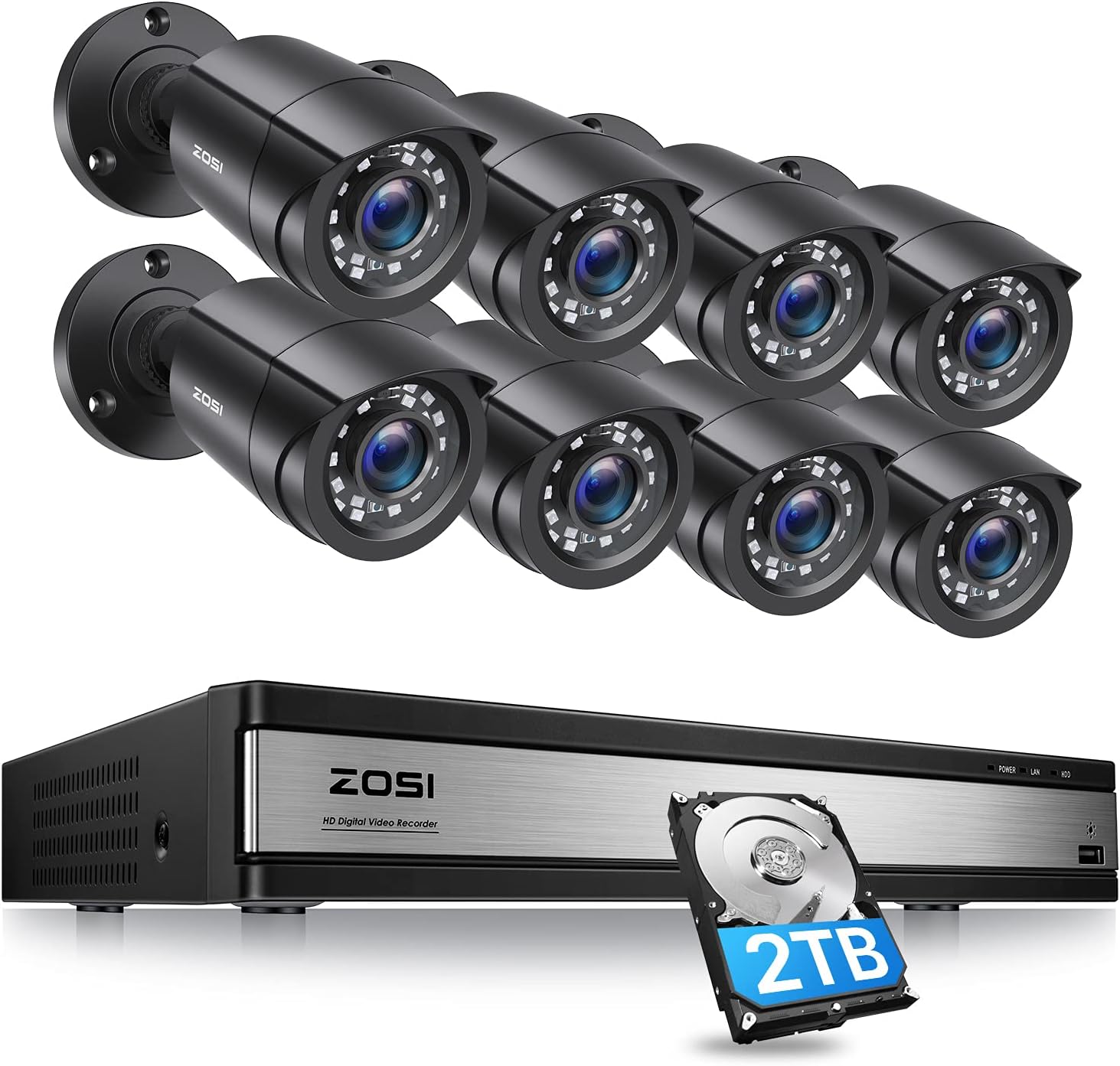 16CH 1080P Home Security Camera System with 2TB HDD, 8 x Wired 1080P Outdoor Indoor Weatherproof Cameras G551