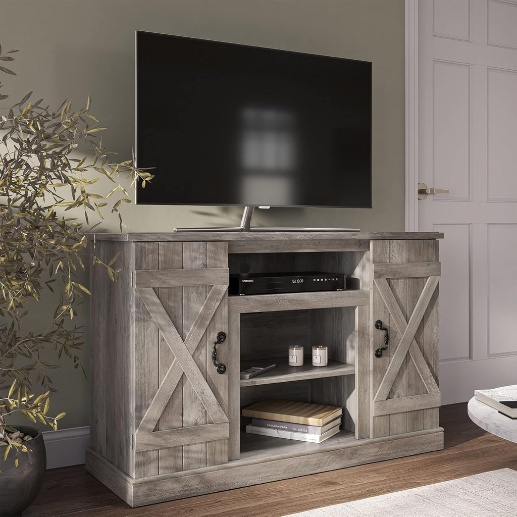 Industrial Rustic Wood TV Stand with Open Storage Shelves & Cabinets T83351