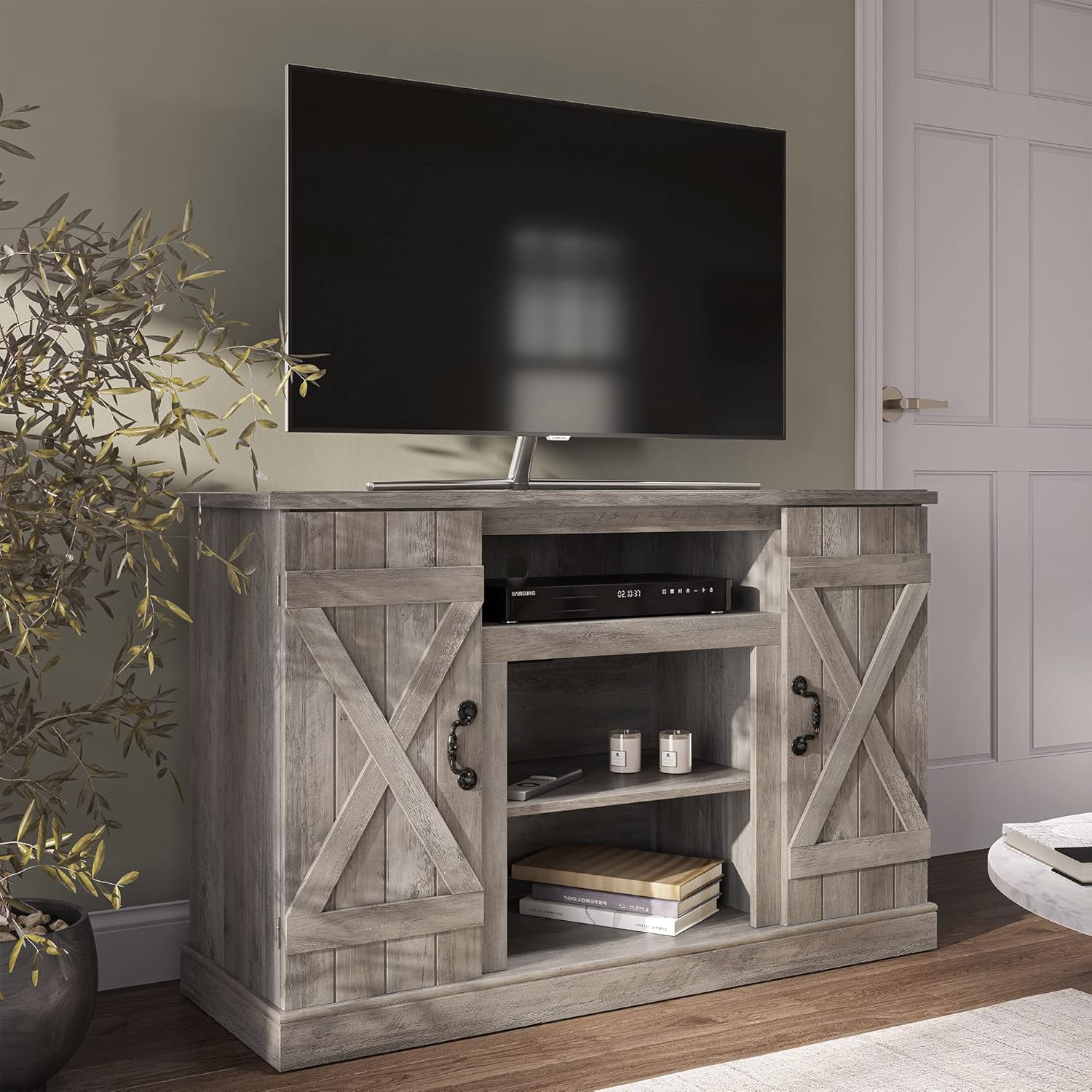 Industrial Rustic Wood TV Stand with Open Storage Shelves & Cabinets T83351