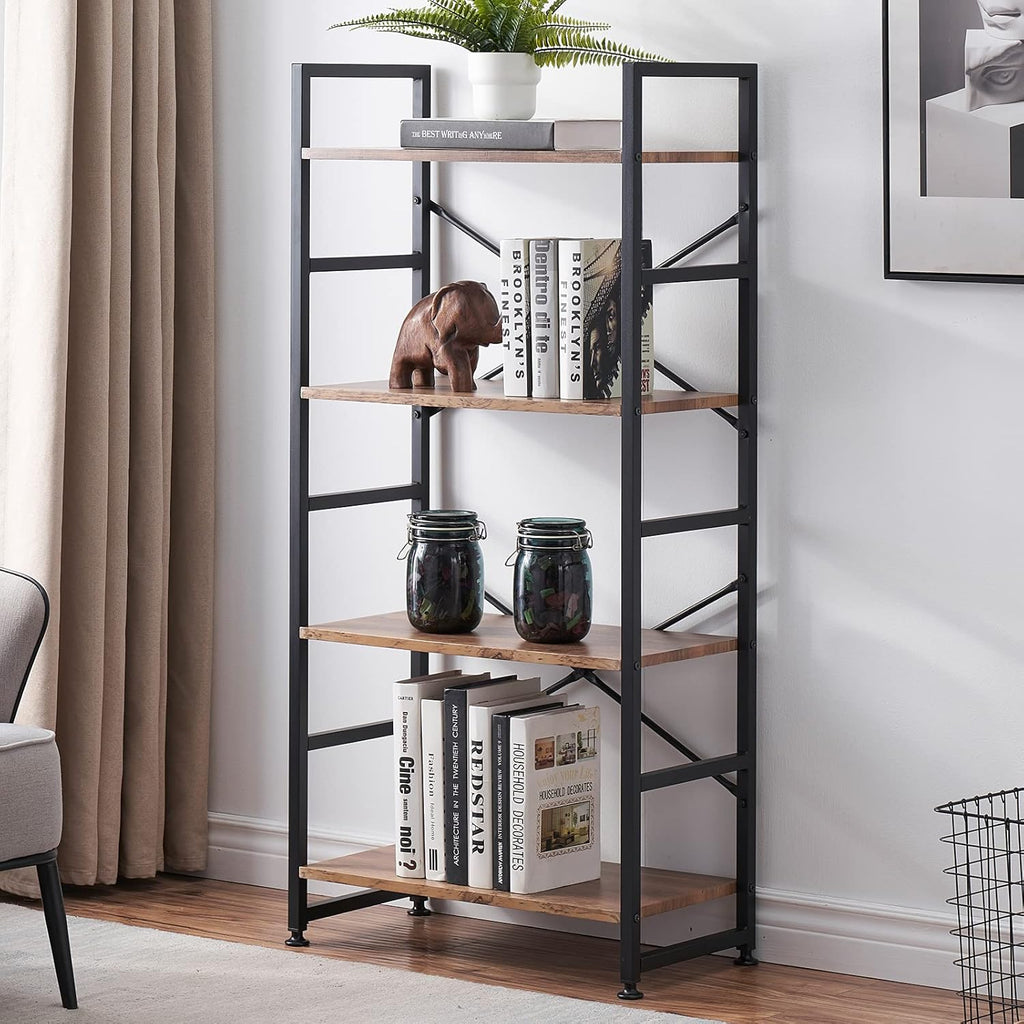 Vintage Brown 4 Tier Wood Bookshelf with Metal Frame E71328