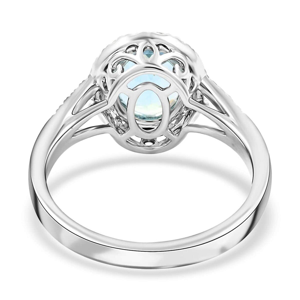18K White Gold Halo Ring with Blue Aquamarine and White Diamond M4674