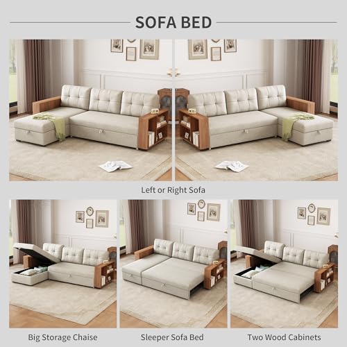 Beige L Shaped Convertible Sectional Sleeper Sofa with Storage Chaise G786