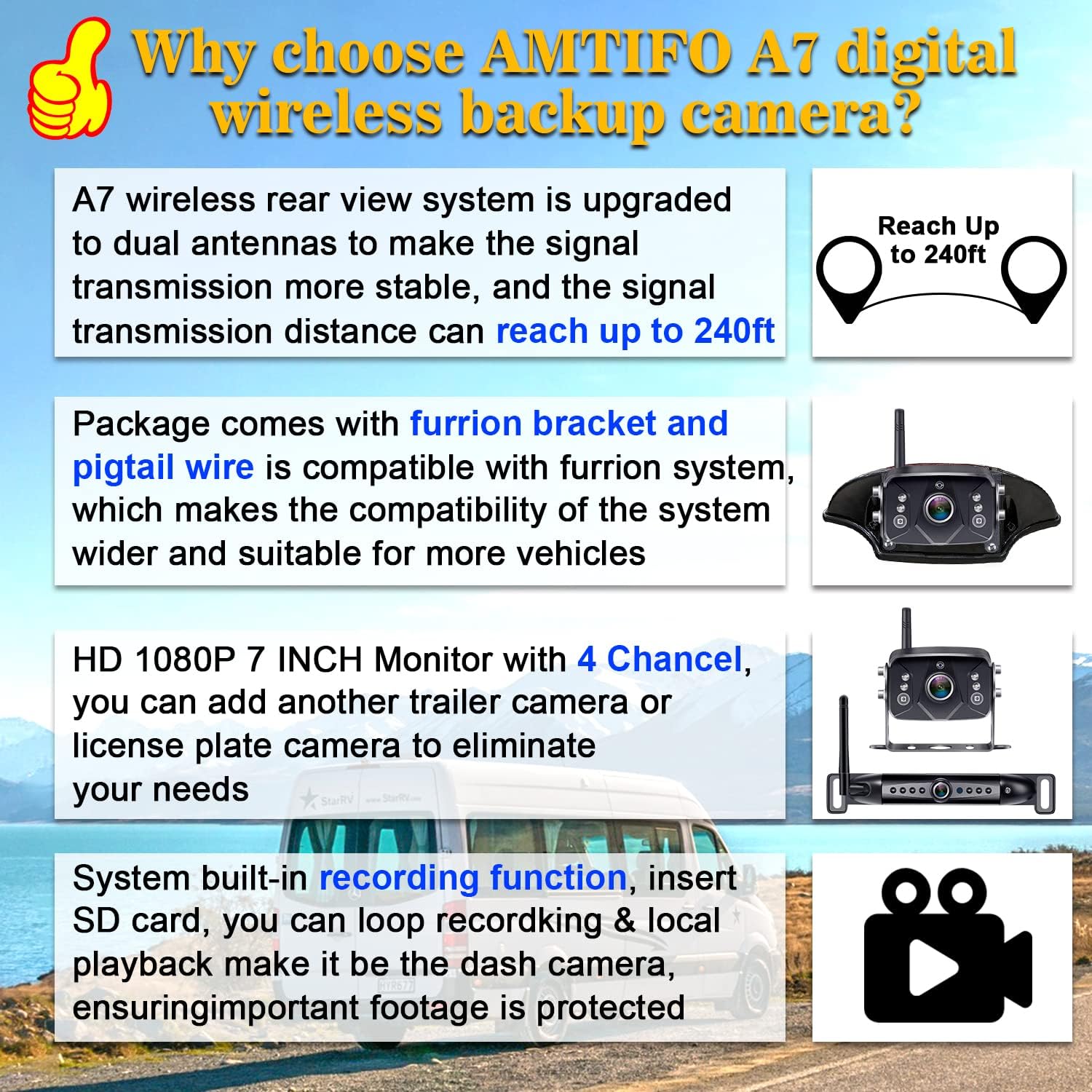 7'' HD 1080P Wireless Backup Camera with DVR Monitor D896855