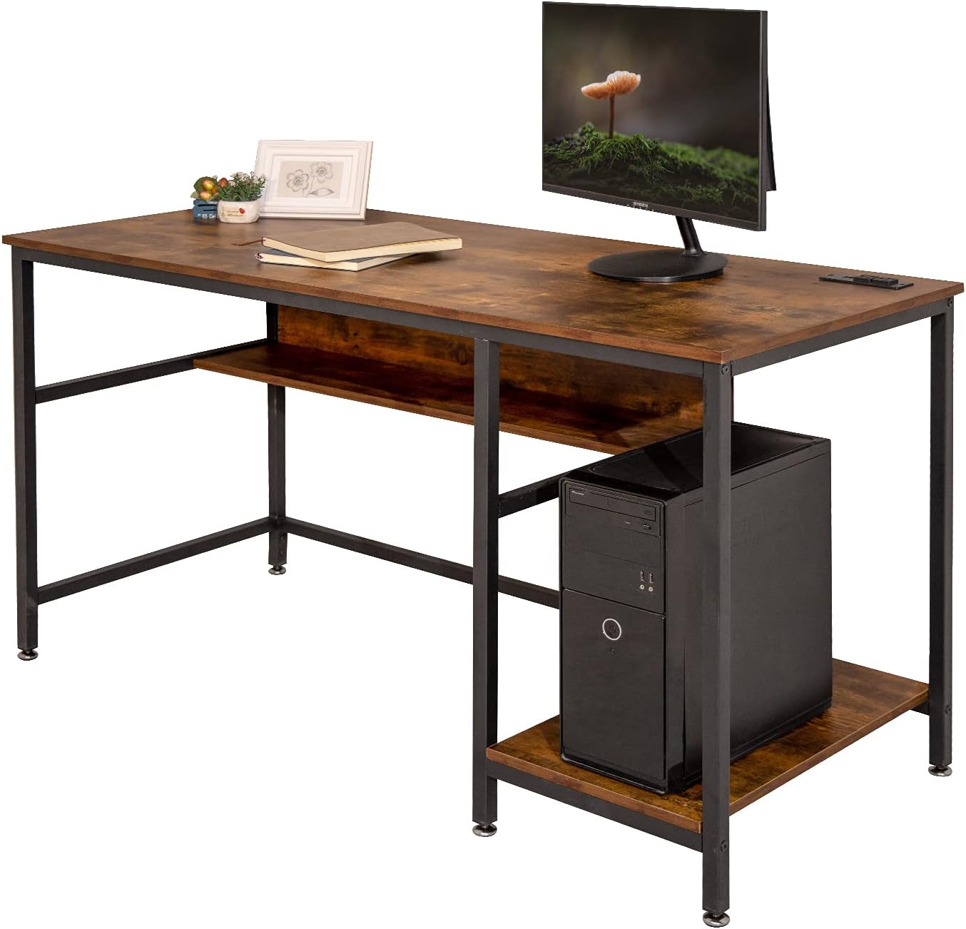 Rustic Brown 55 Inch Computer Desk with Power Outlet and Storage Shelves V811030