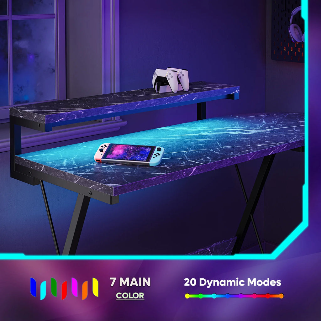Black Marble L-Shaped Gaming Computer Desk with Monitor Stand F8857