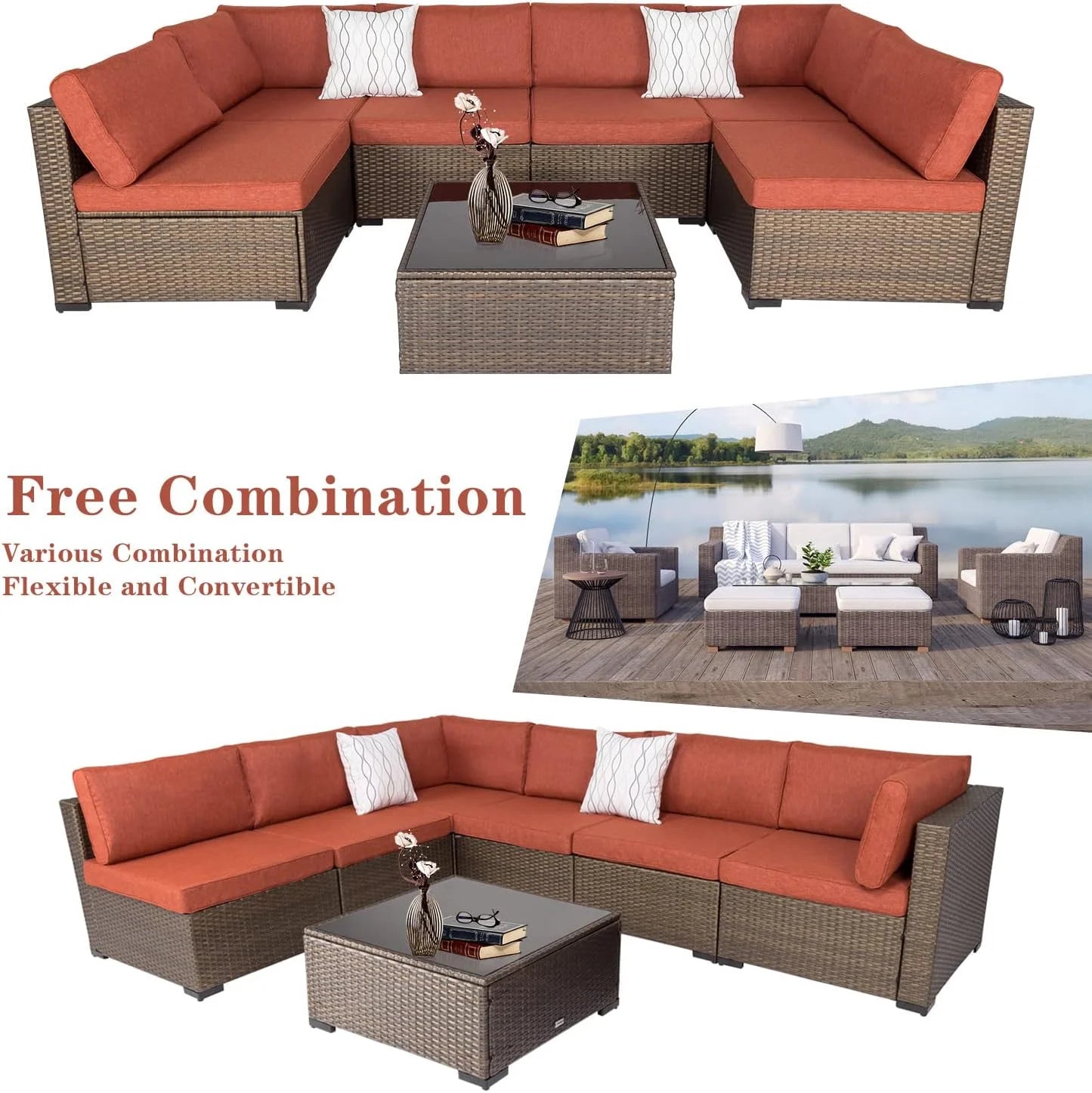 Maple Red Cushions 7Pcs Sectional Sofa Patio Conversation Set X93042