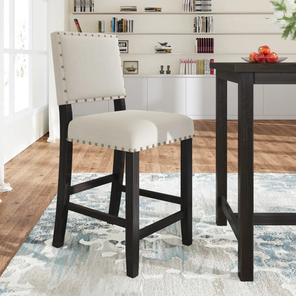 Espresso Beige 5 Piece Rustic Wooden Counter Height Dining Table Set with 4 Upholstered Chairs L938536