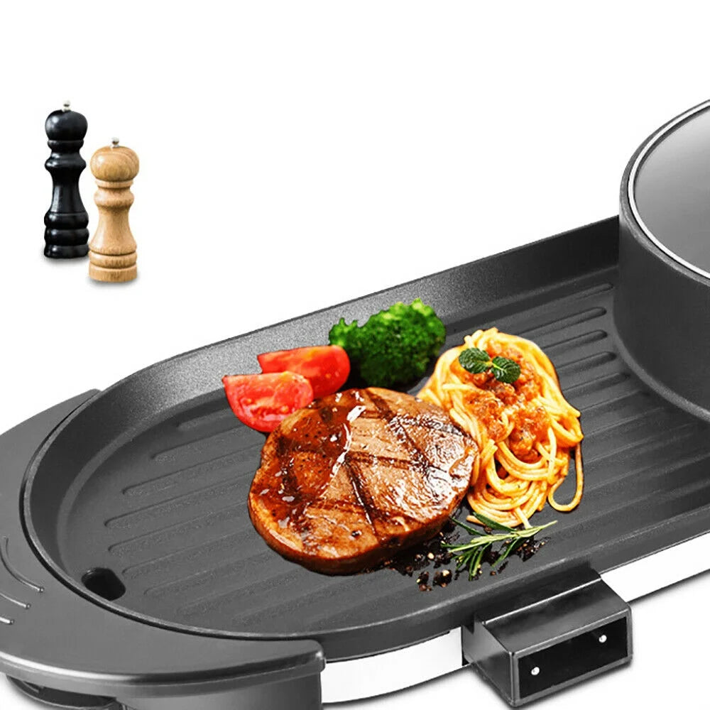 2 in 1 Portable Electric BBQ Grill Hot Pot Non-Stick Pan F7327
