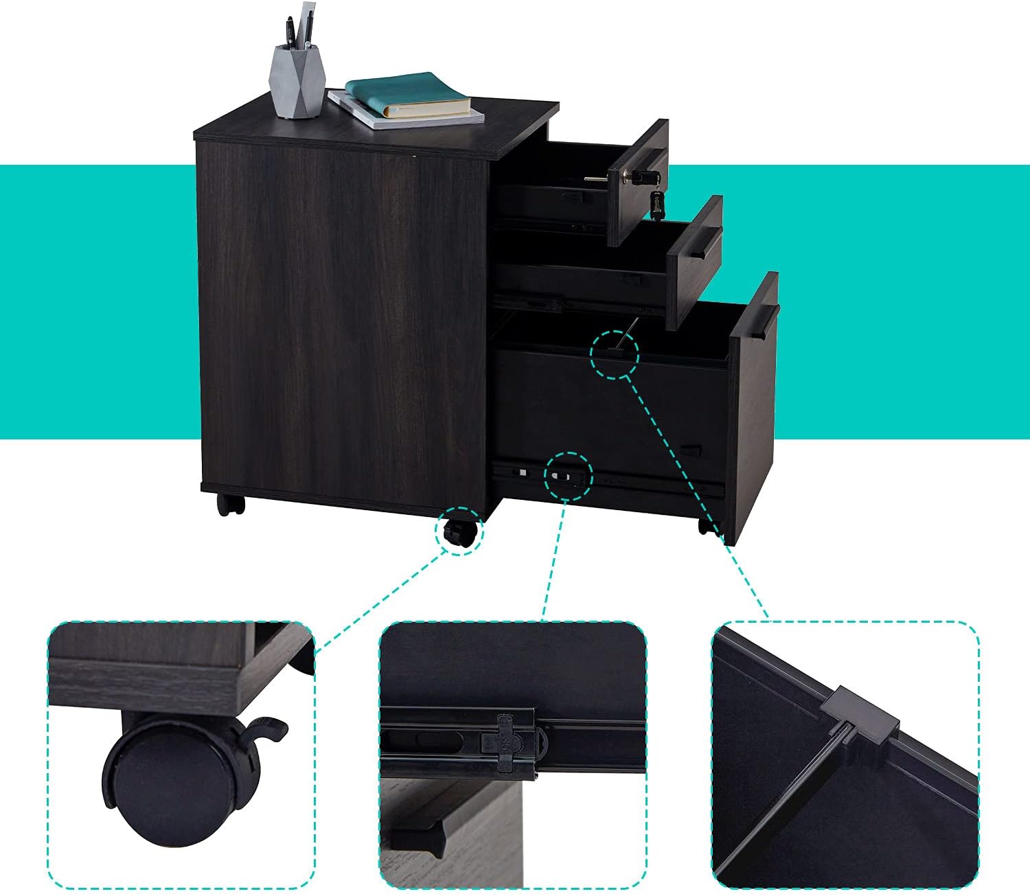 3 Drawer Mobile File Cabinet with Lock Wood Pedestal Filing Storage, Dark Walnut Z428