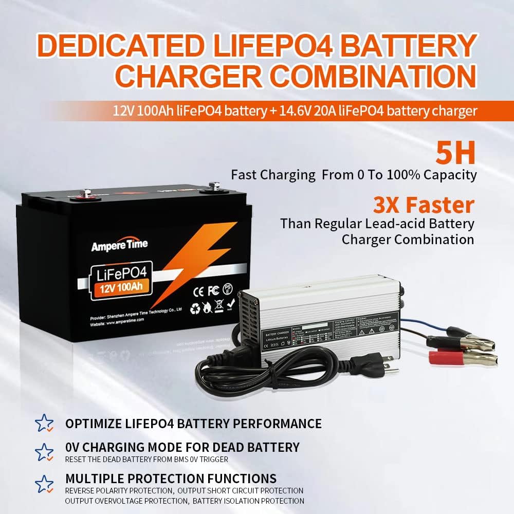 12V 100Ah LiFePO4 Battery with 14.6V 20A Charger, 100A BMS I750212