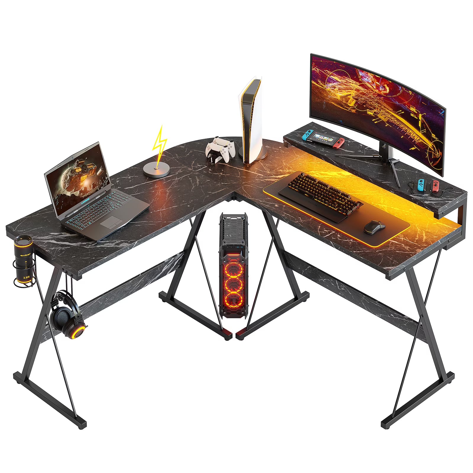 Black Marble L-Shaped Gaming Computer Desk with Monitor Stand F8857