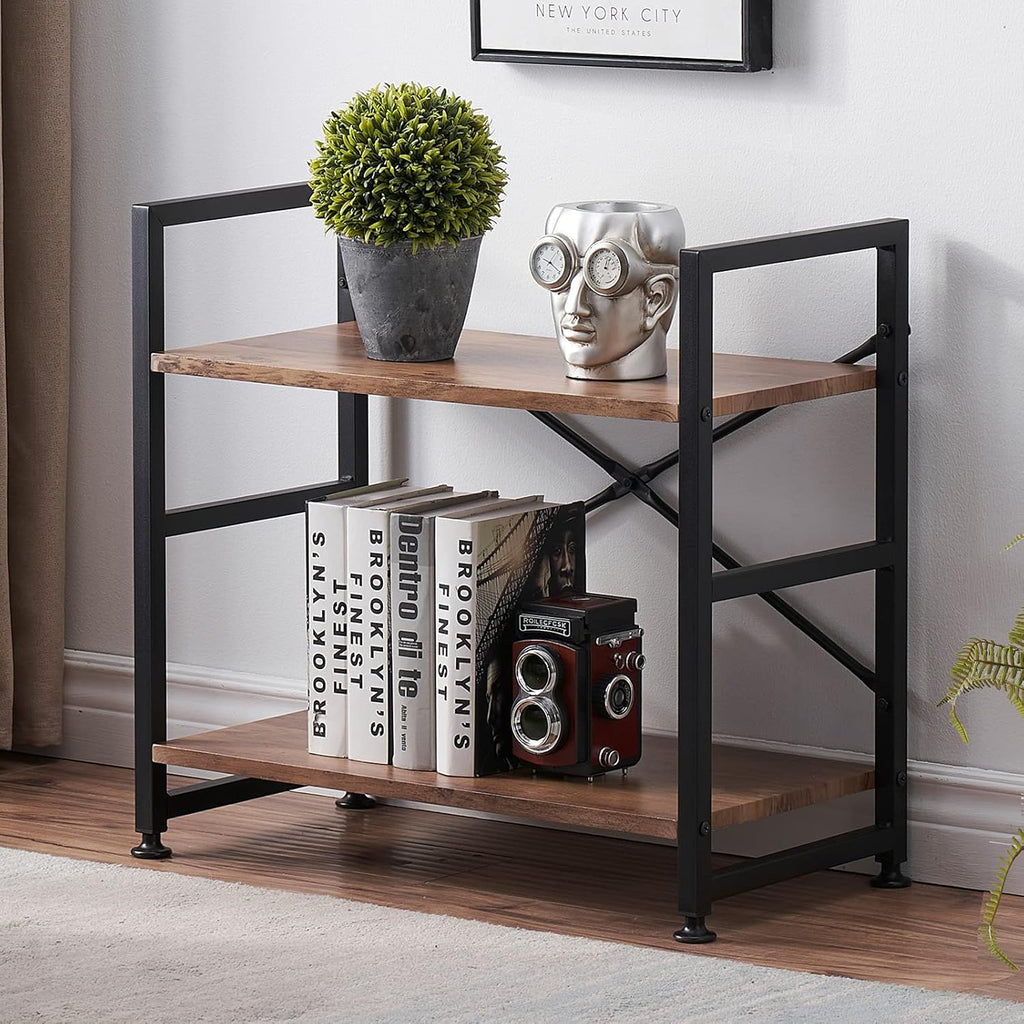 Vintage Brown 4 Tier Wood Bookshelf with Metal Frame E71328