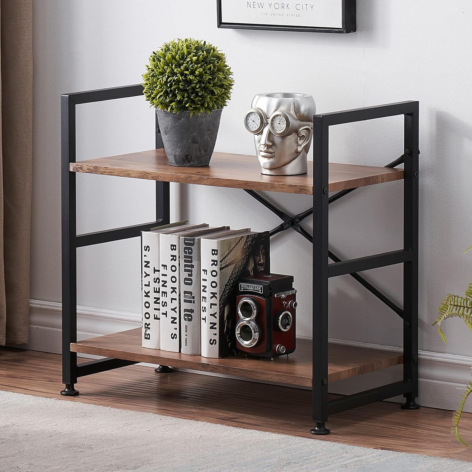 Vintage Brown 4 Tier Wood Bookshelf with Metal Frame E71328