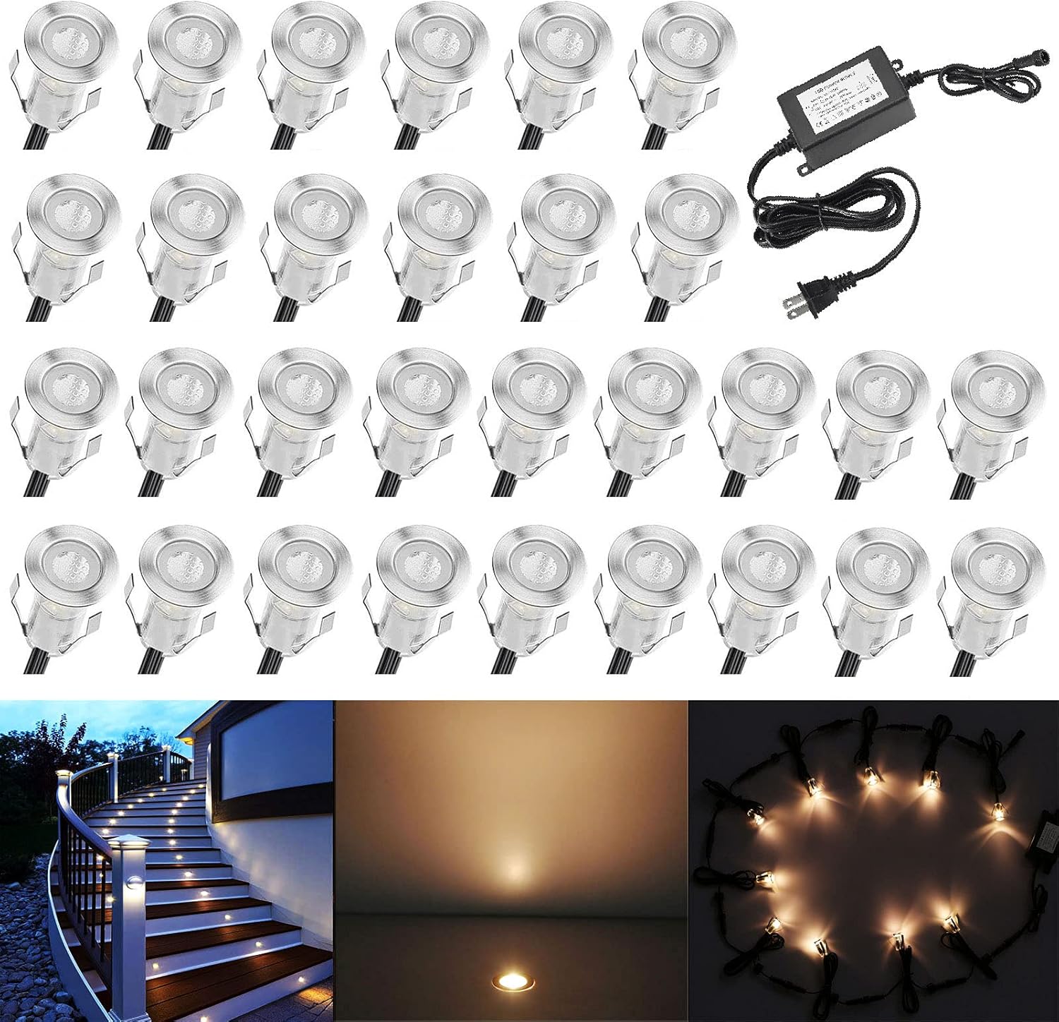 0.7 Warm White LED Deck Light Kit, Stainless Steel Waterproof Recessed Outdoor Lighting, Pack of 30 C70312