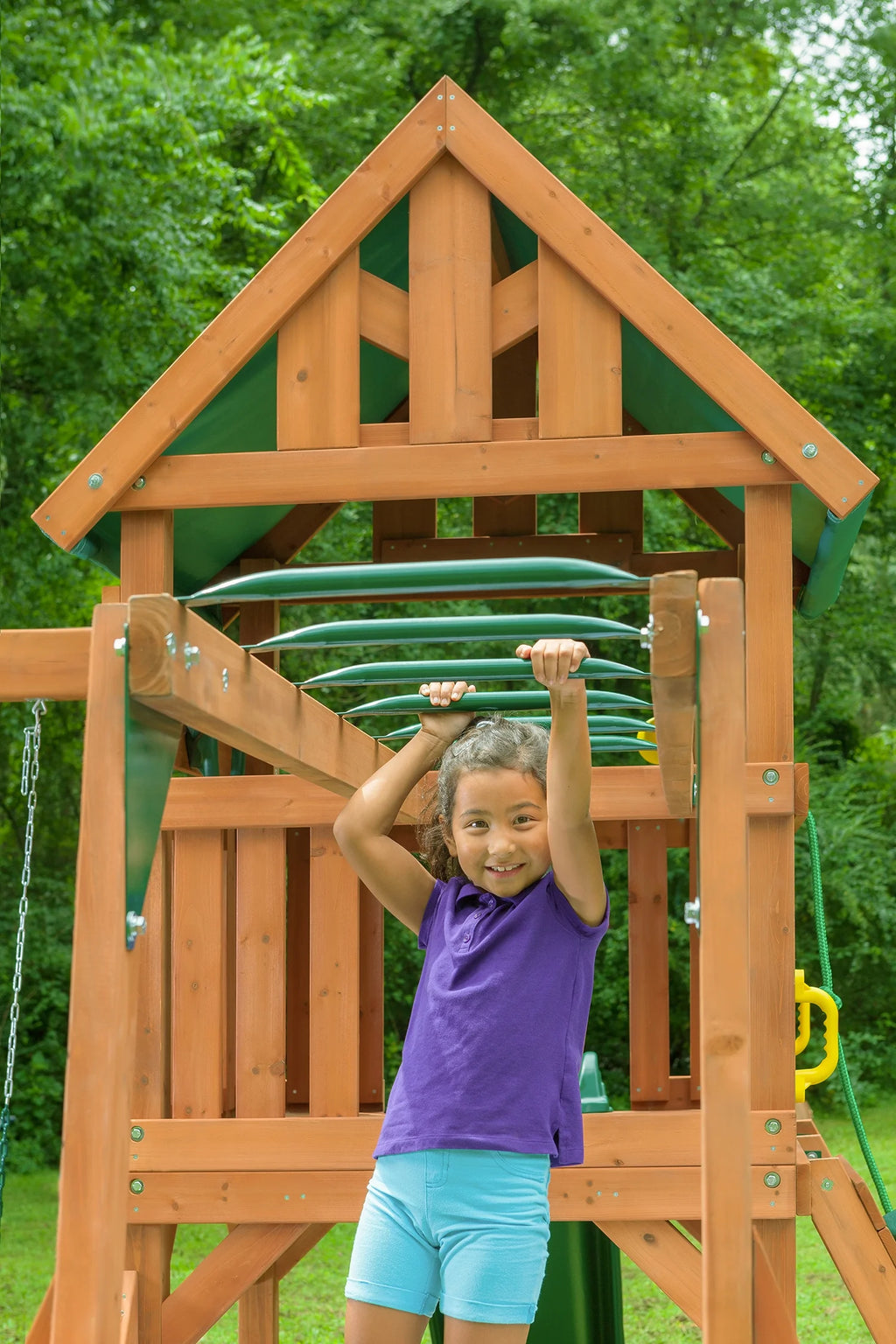 Green Wooden Swing Set with Tarp Roof and Slide W1570