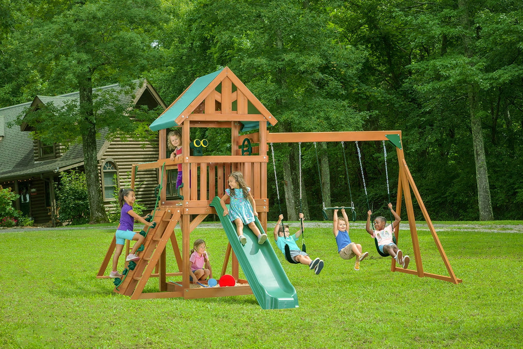 Green Wooden Swing Set with Tarp Roof and Slide W1570