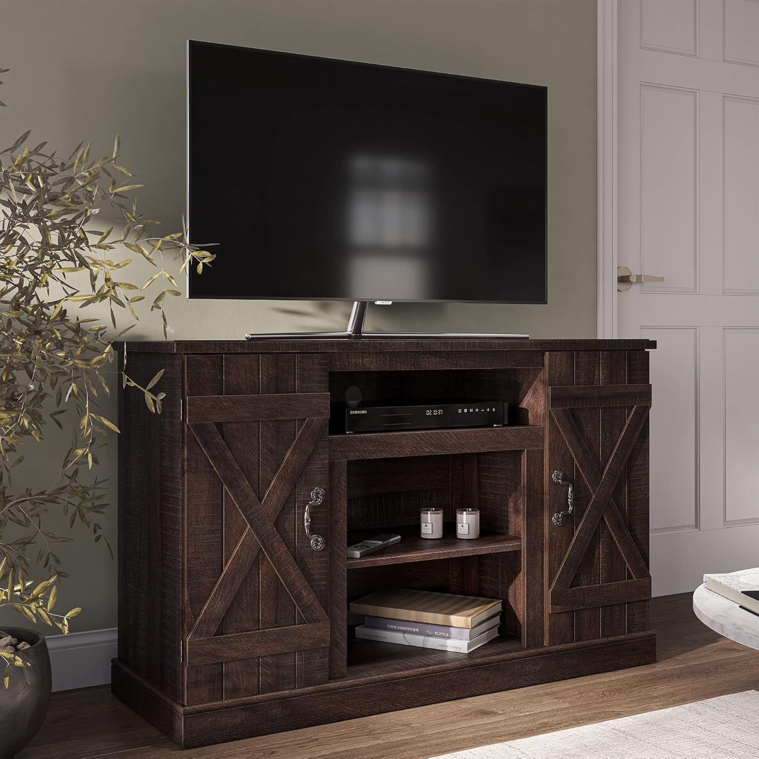 Industrial Rustic Wood TV Stand with Open Storage Shelves & Cabinets T83351