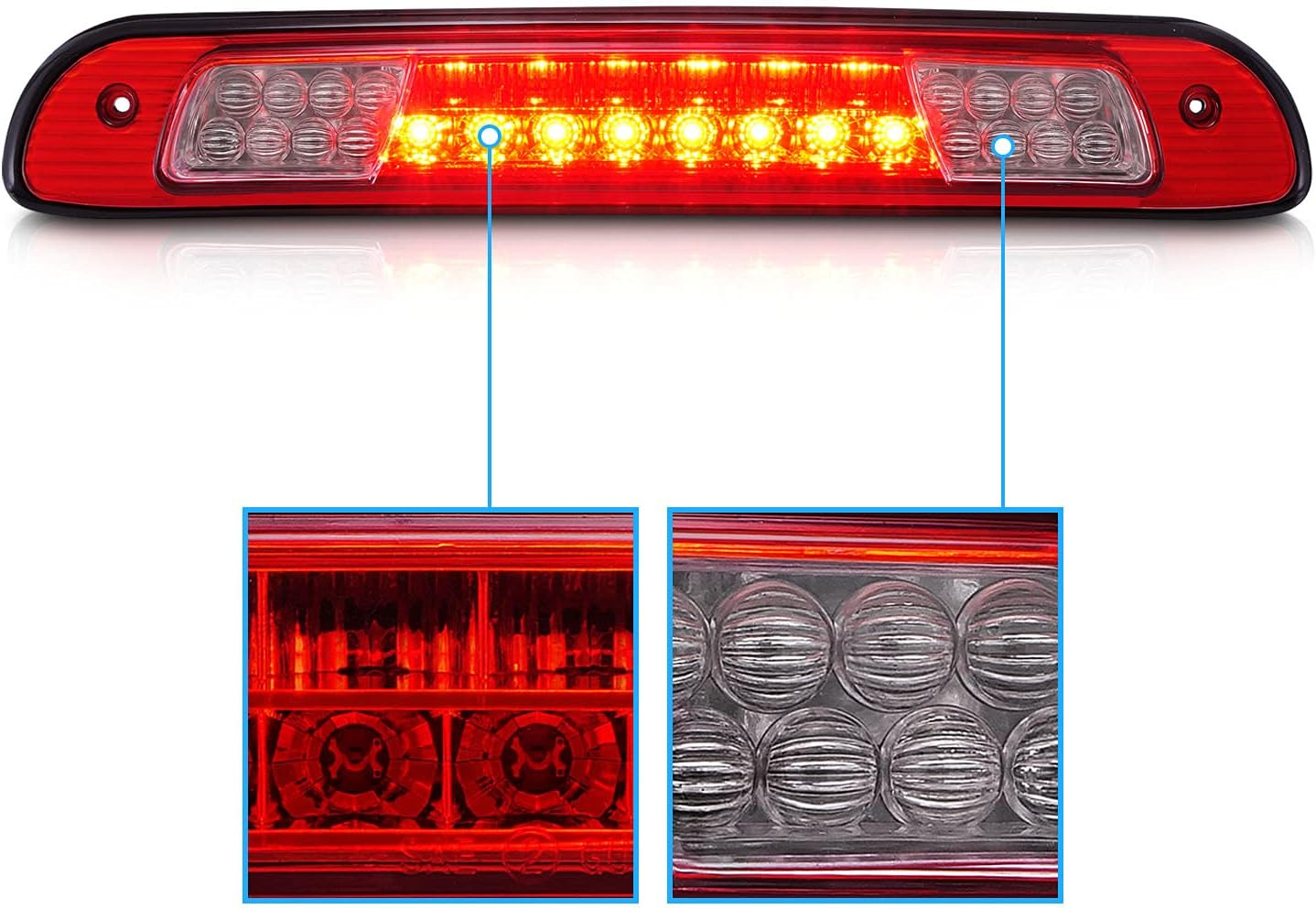 Red/Clear LED High Mount Stop Cargo 3rd Brake Lights Pack of 2 J3796