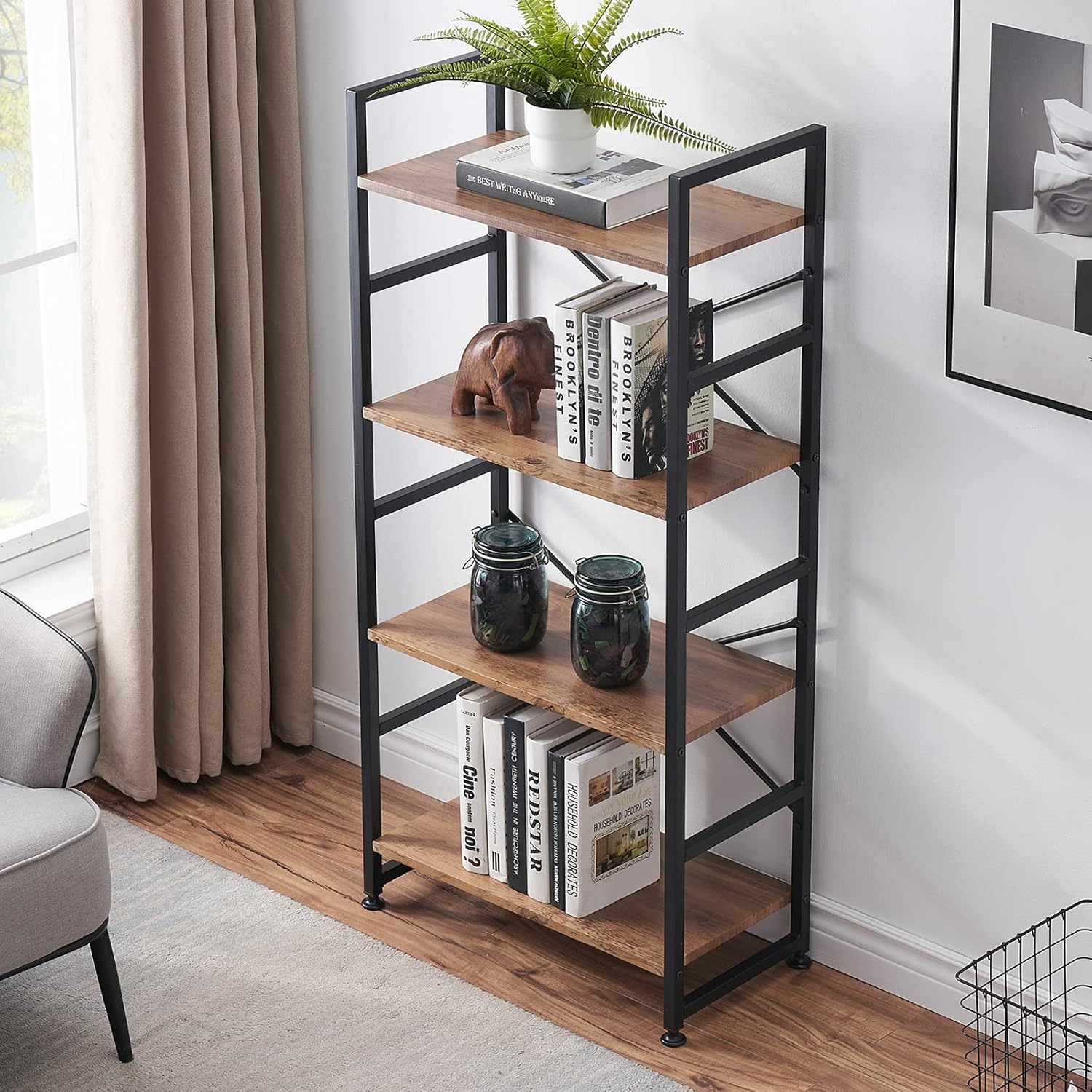 Vintage Brown 4 Tier Wood Bookshelf with Metal Frame E71328