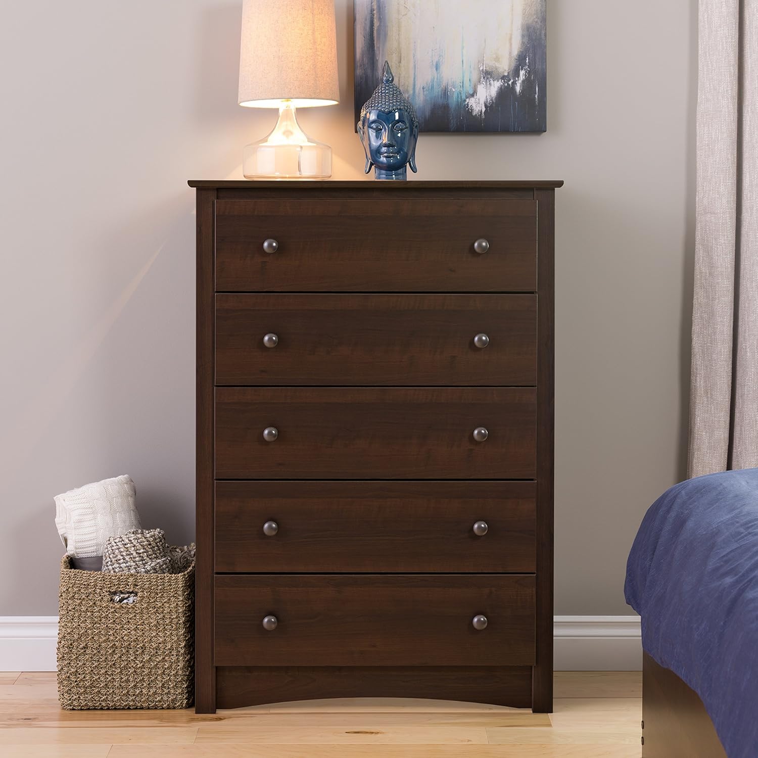 King Bookcase Headboard, Espresso, 5 Drawer Chest N921844
