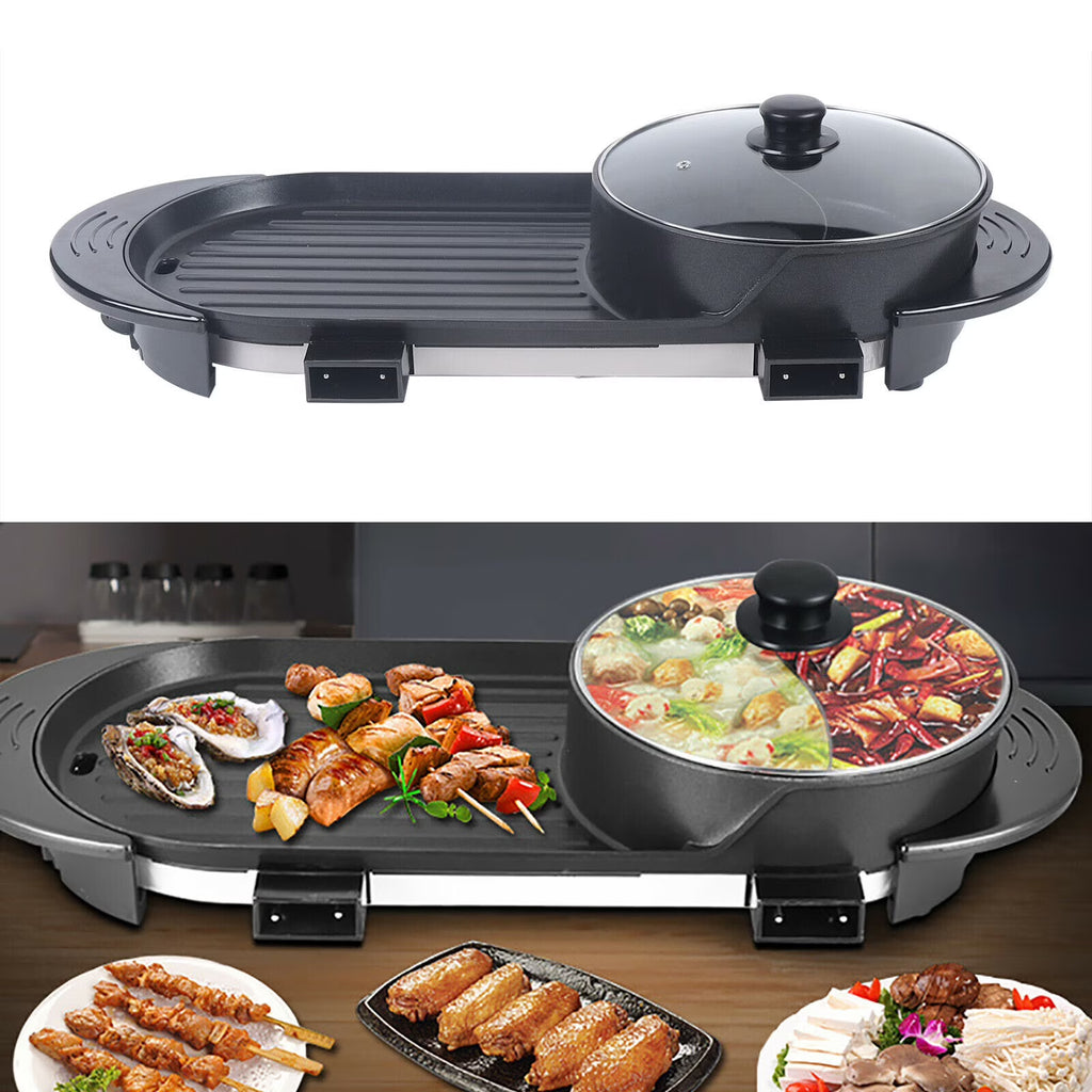 2 in 1 Portable Electric BBQ Grill Hot Pot Non-Stick Pan F7327