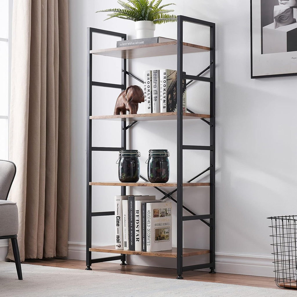 Vintage Brown 4 Tier Wood Bookshelf with Metal Frame E71328