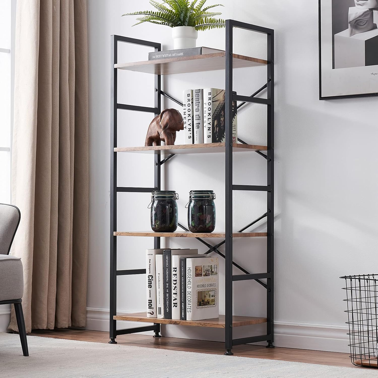 Vintage Brown 4 Tier Wood Bookshelf with Metal Frame E71328
