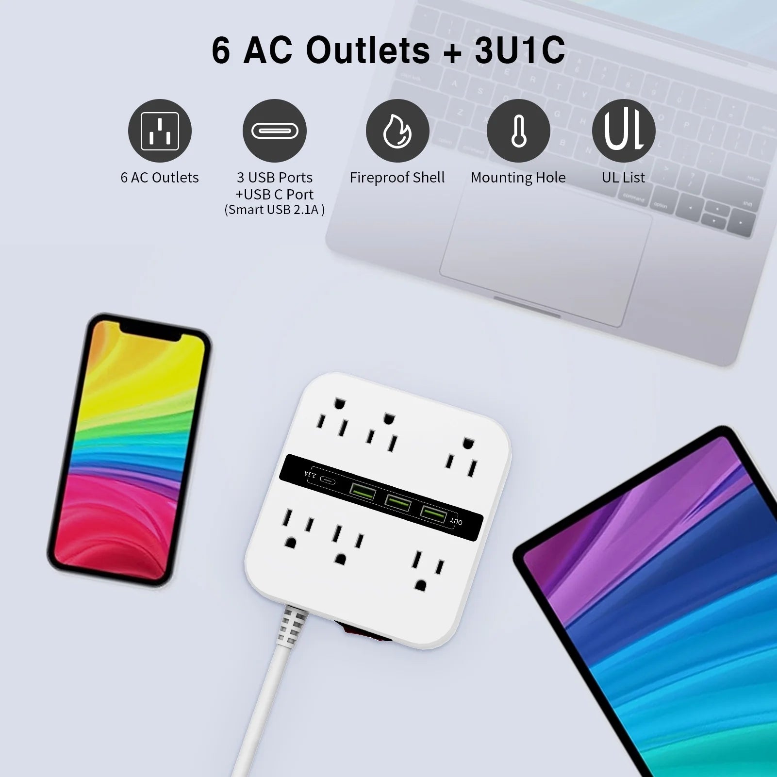 Surge Protector Power Strip with 6 Outlets and 4 USB Ports, 6.6ft White Flat Extension Cord L8242