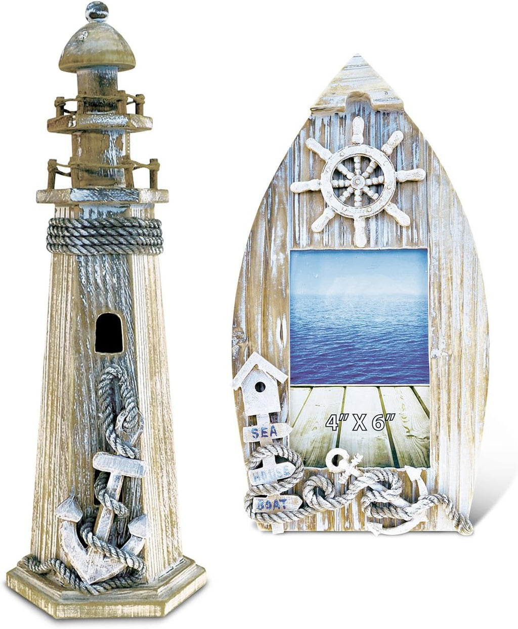 Handcrafted Wooden Nautical Picture Frame and Lighthouse Decor, Set of 2 X635
