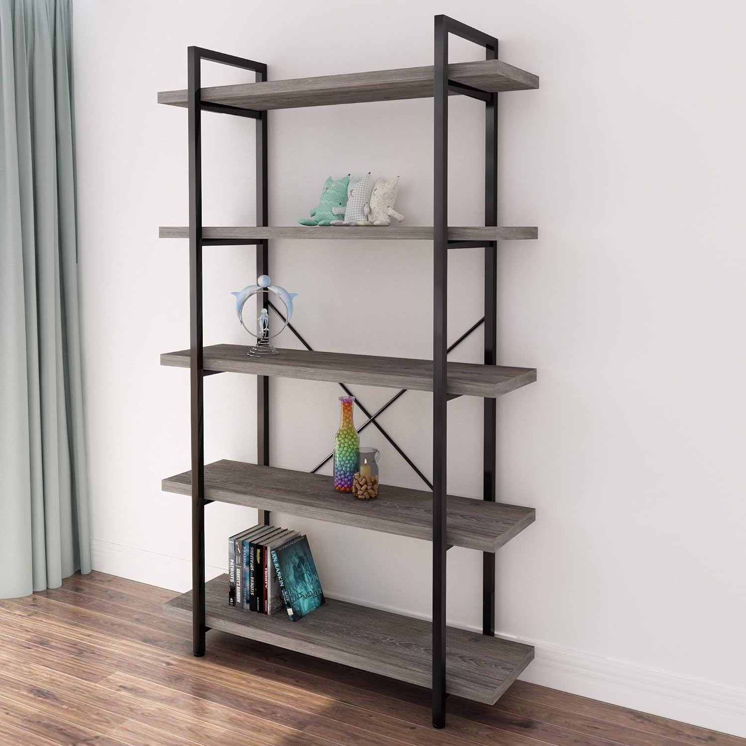 Gray Oak 4-Tier Metal and Wood Bookshelf F216568