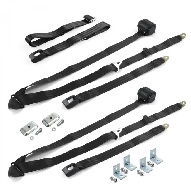 3 Point Retractable Bench Seat Belt Kit with Bracketry & 3 Belts, Black P30221