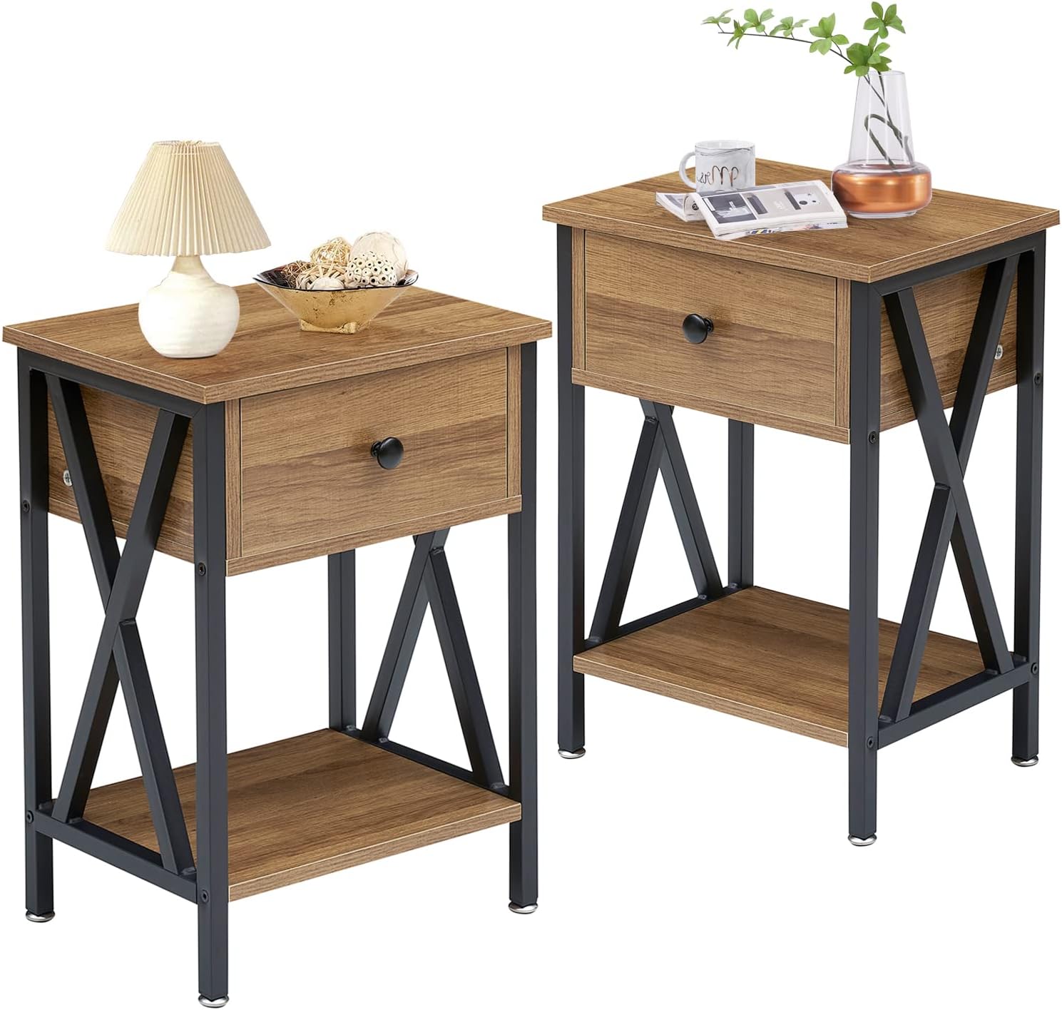 Antique Black Set of 2 End Side Table with Storage Cabinet K66236
