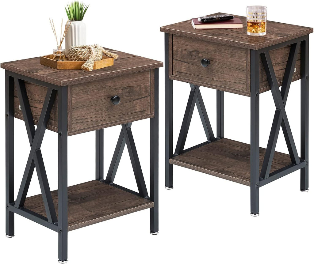 Antique Black Set of 2 End Side Table with Storage Cabinet K66236