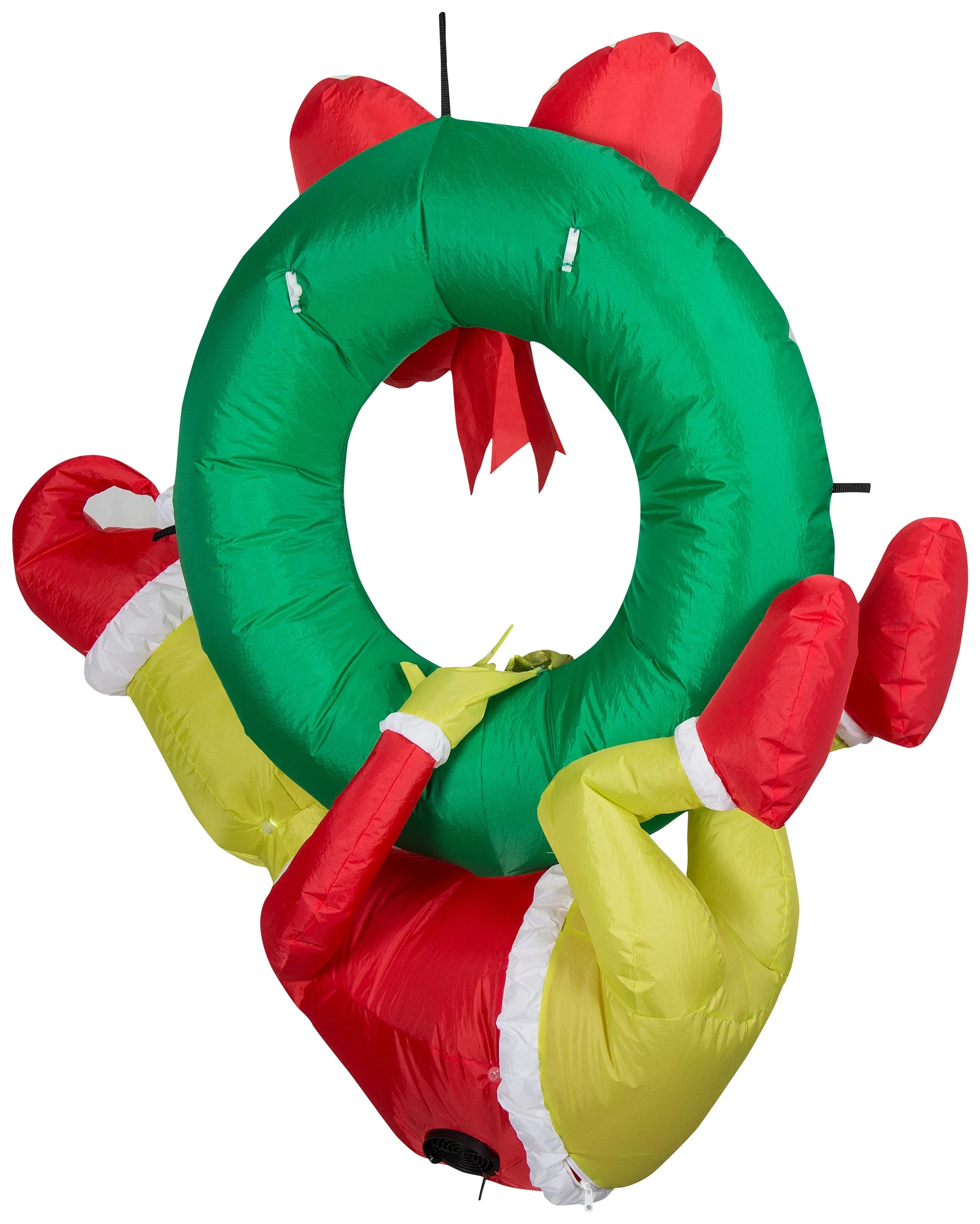 Green 4 ft Tall Inflatable Grinch Hanging from Wreath B303