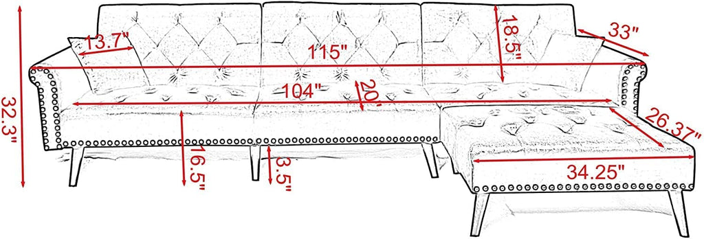 Convertible Sectional Sofa L Shape Couch Sleeper Bed Black Velvet with Wood Legs F4326