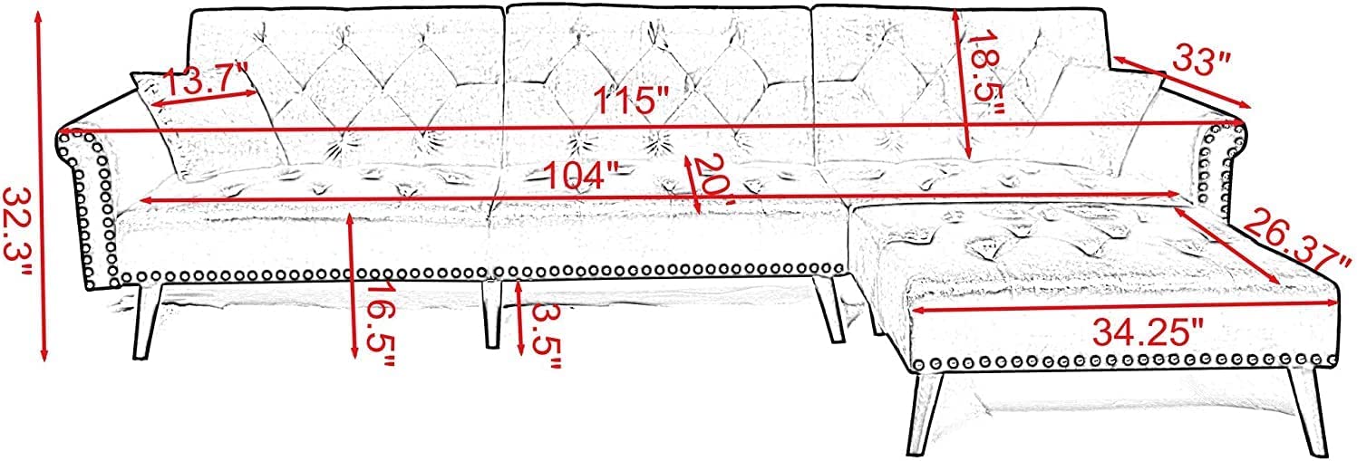 Convertible Sectional Sofa L Shape Couch Sleeper Bed Black Velvet with Wood Legs F4326