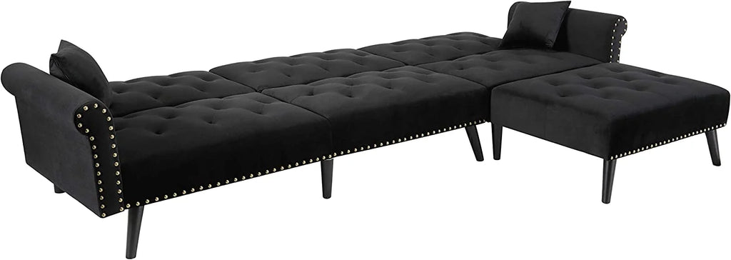 Convertible Sectional Sofa L Shape Couch Sleeper Bed Black Velvet with Wood Legs F4326