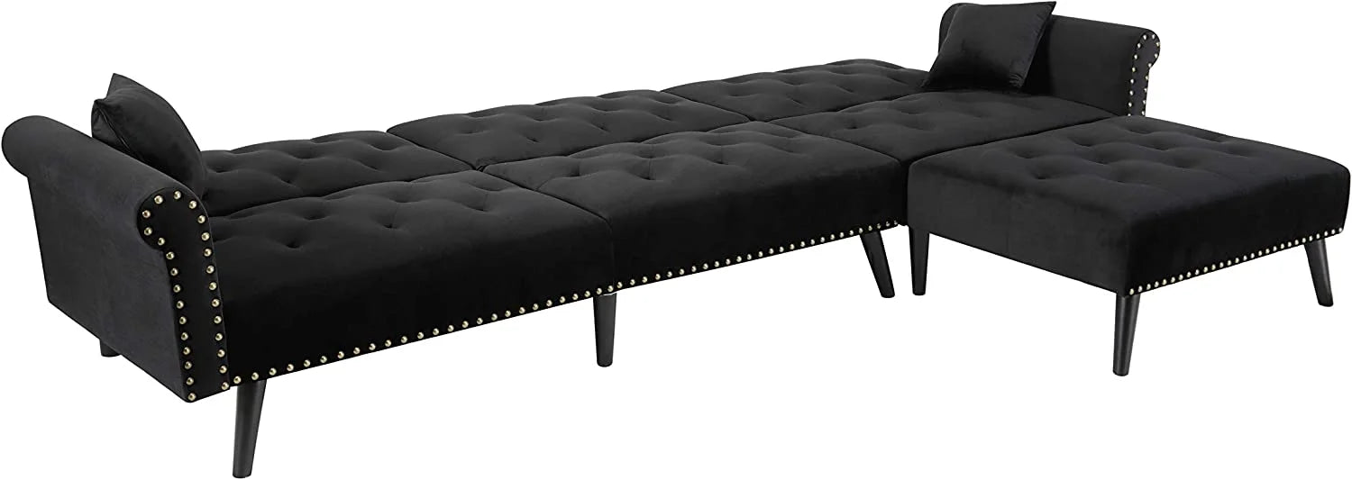 Convertible Sectional Sofa L Shape Couch Sleeper Bed Black Velvet with Wood Legs F4326