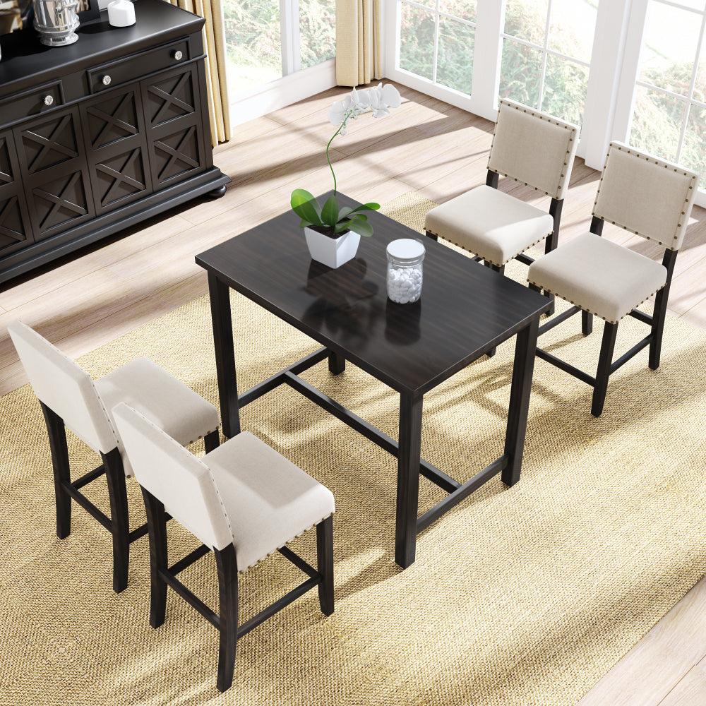 Espresso Beige 5 Piece Rustic Wooden Counter Height Dining Table Set with 4 Upholstered Chairs L938536