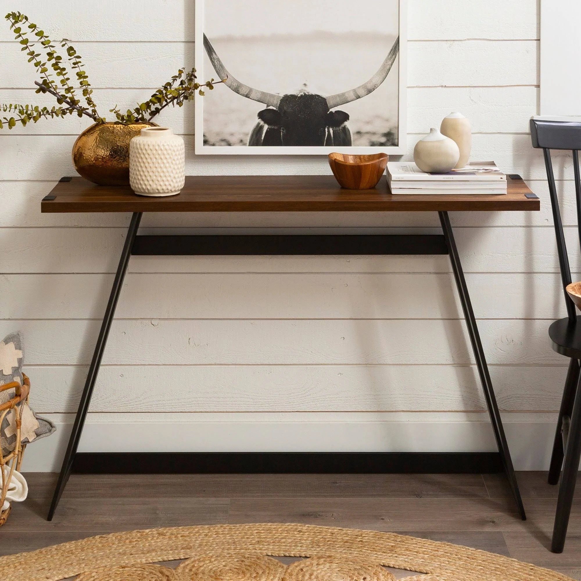 Dark Walnut Metal Entry Table M141989