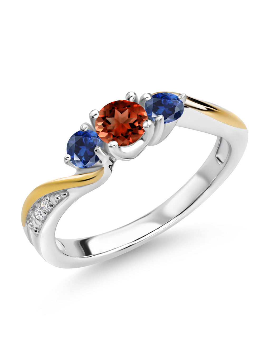 925 Silver 10K Yellow Gold Red Garnet Blue Created Sapphire White Lab Grown Diamond 3 Stone Engagement Ring P71687