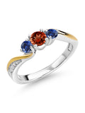 925 Silver 10K Yellow Gold Red Garnet Blue Created Sapphire White Lab Grown Diamond 3 Stone Engagement Ring P71687