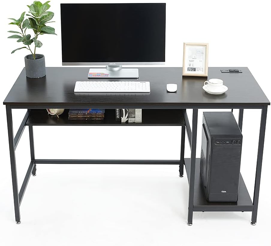 Rustic Brown 55 Inch Computer Desk with Power Outlet and Storage Shelves V811030