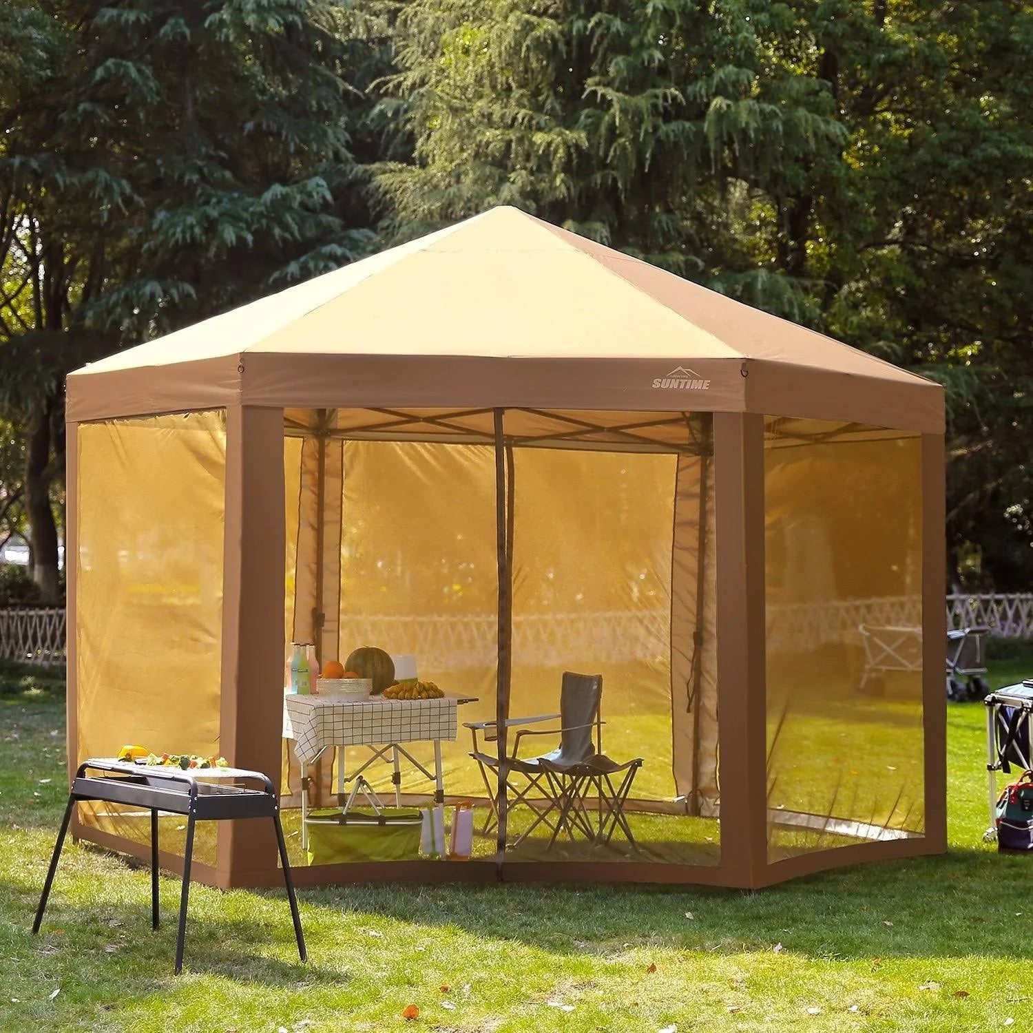Coffee Brown Beige Hexagon Pop Up Canopy Tent with Sidewalls A850