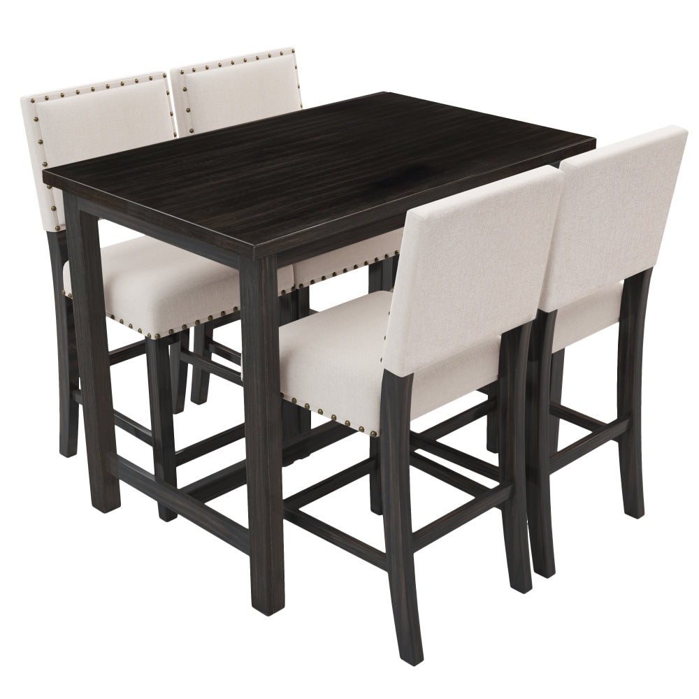 Espresso Beige 5 Piece Rustic Wooden Counter Height Dining Table Set with 4 Upholstered Chairs L938536