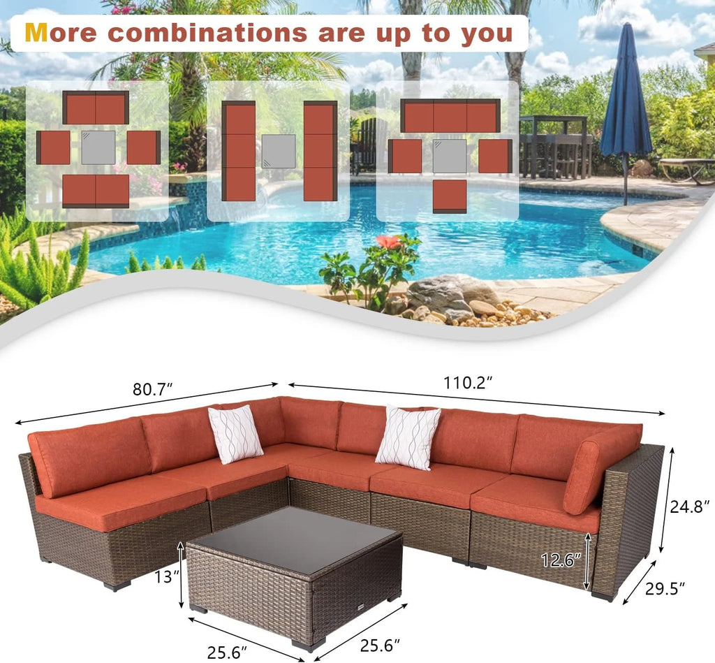 Maple Red Cushions 7Pcs Sectional Sofa Patio Conversation Set X93042