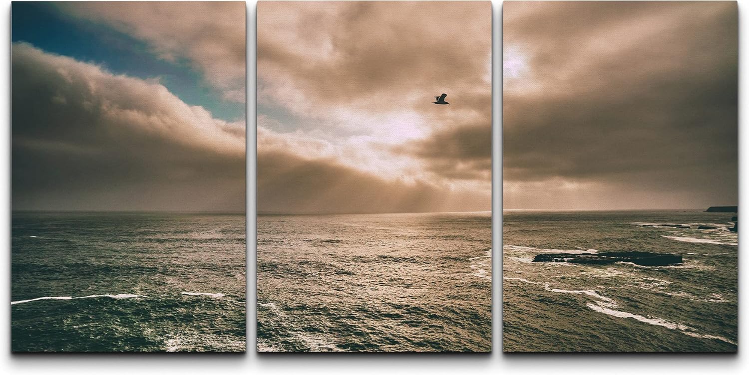 Canvas Print Wall Art Set Ocean Waves Marine Life Nautical Landscape Blue 16x24 x 3 R62973