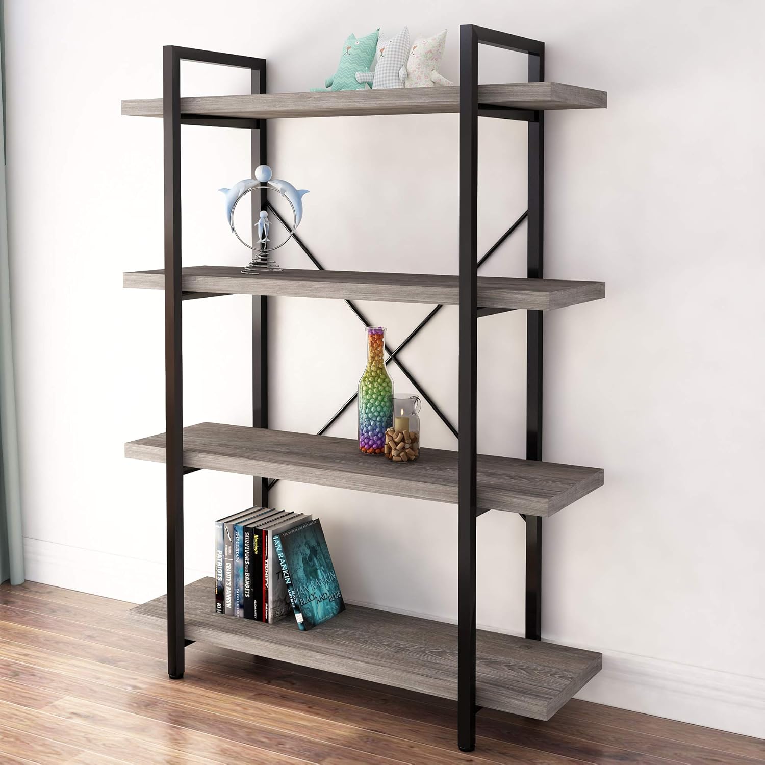 Gray Oak 4-Tier Metal and Wood Bookshelf F216568