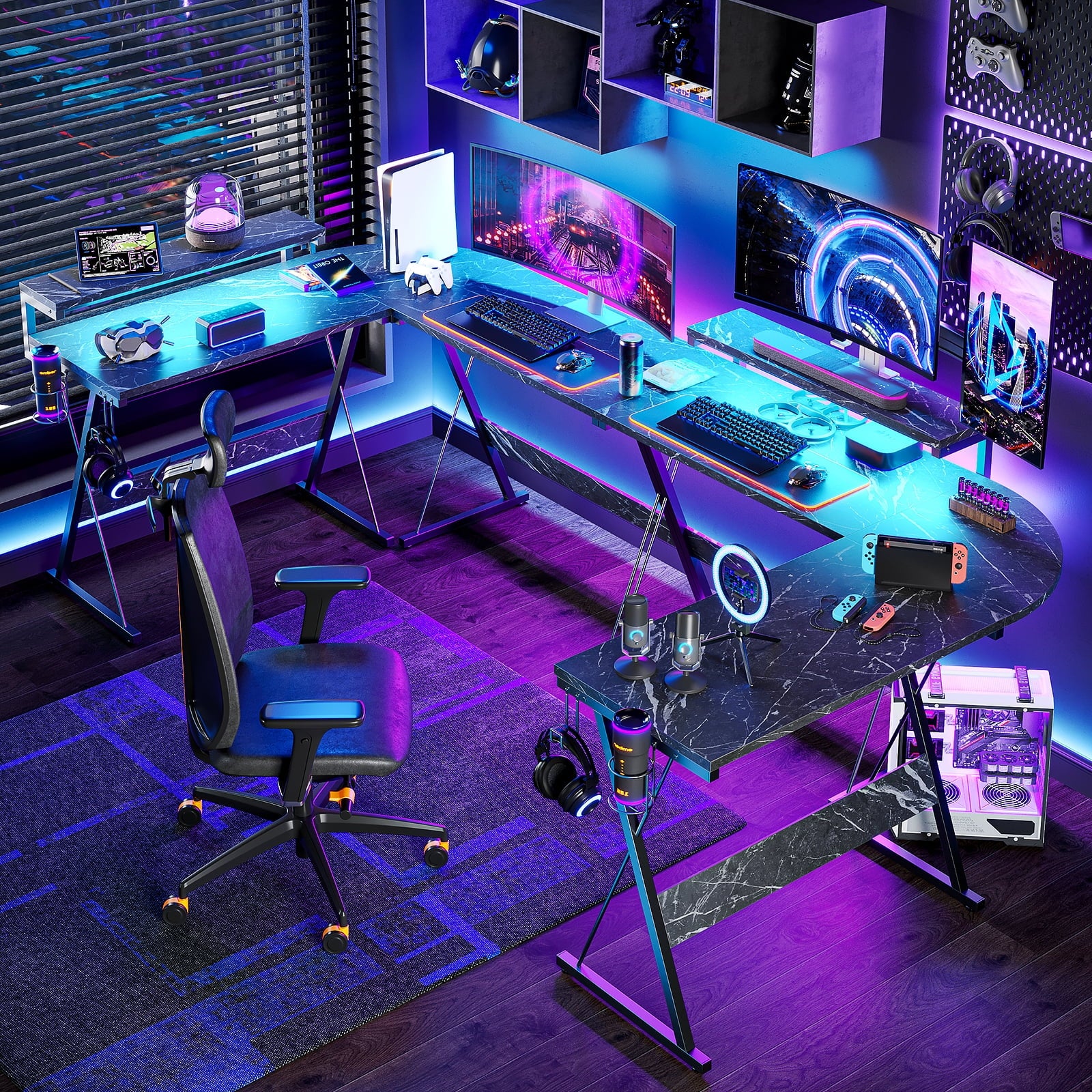 Black Marble L-Shaped Gaming Computer Desk with Monitor Stand F8857
